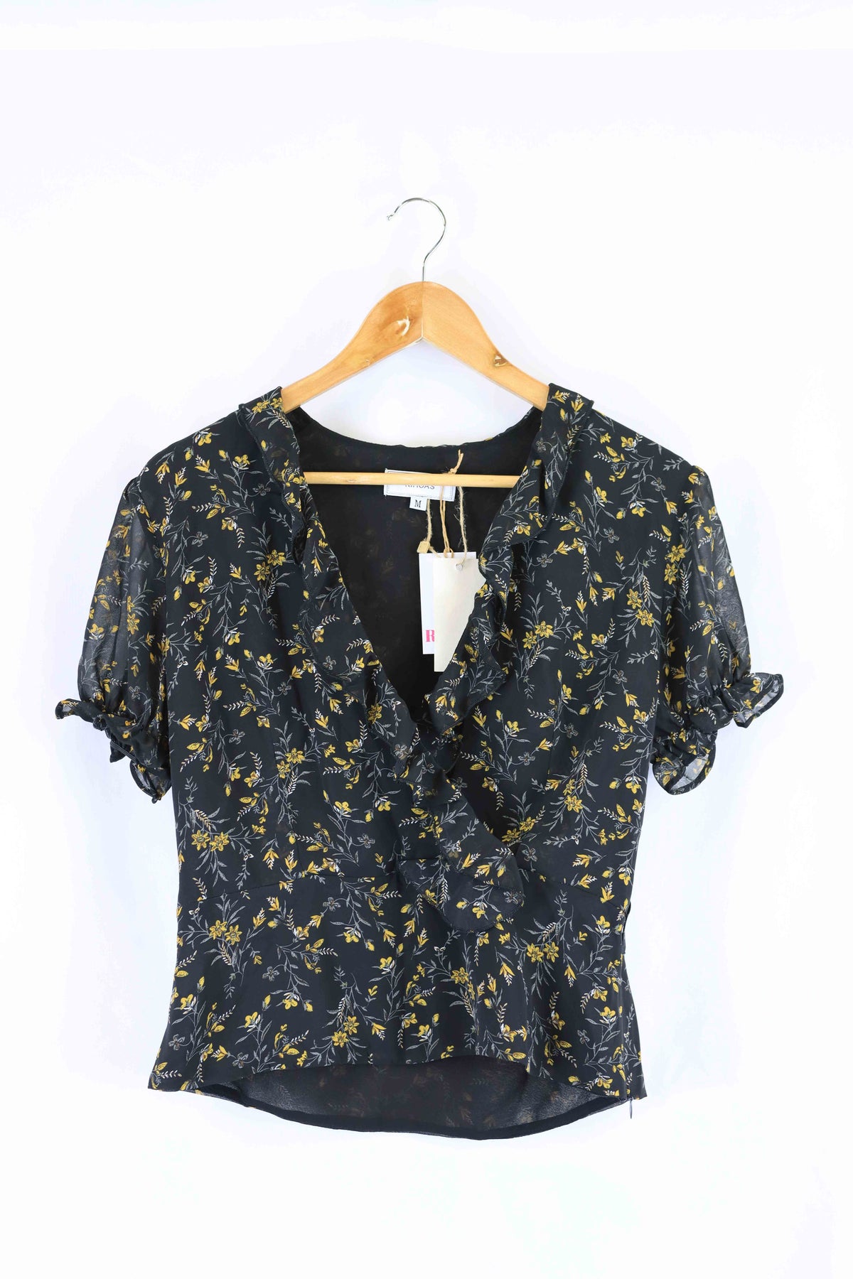Rihoas Black and Yellow Floral Top M