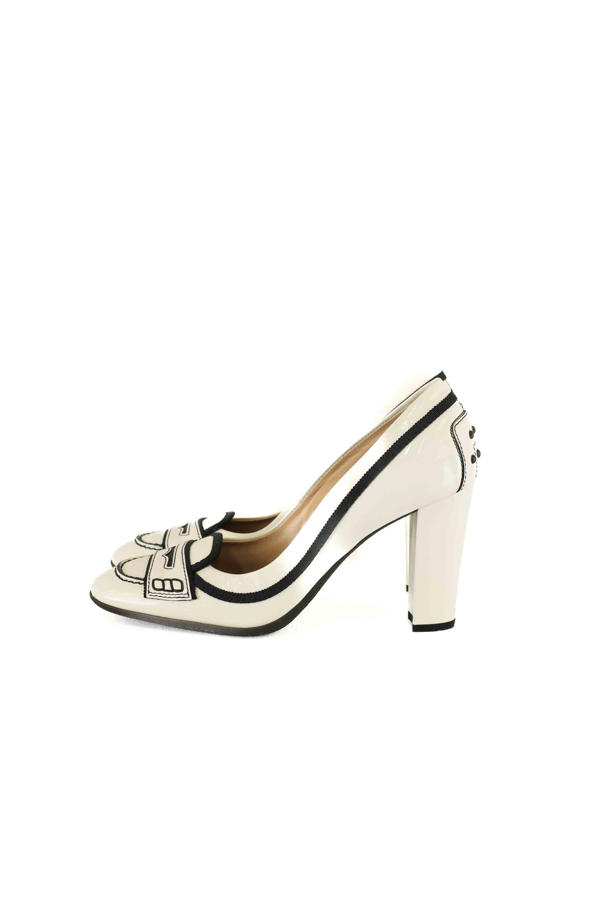 Tod&#39;s Black and White Loafer Heels 36.5