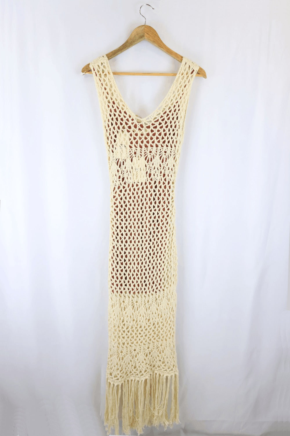 Tigerlilly Palais Maxi Dress Crochet Knit With Brown Slip M