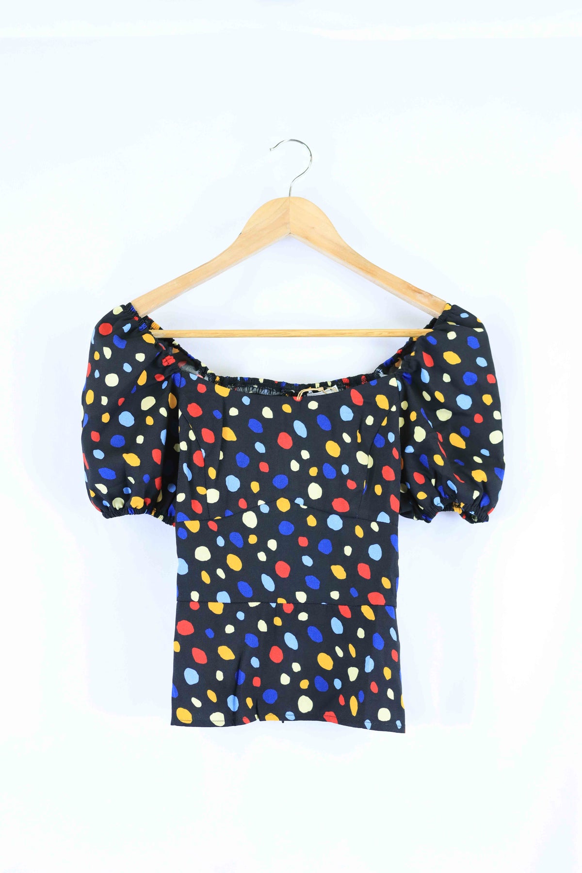 Rihoas Black and Multi Spotted Puff Sleeve Top M