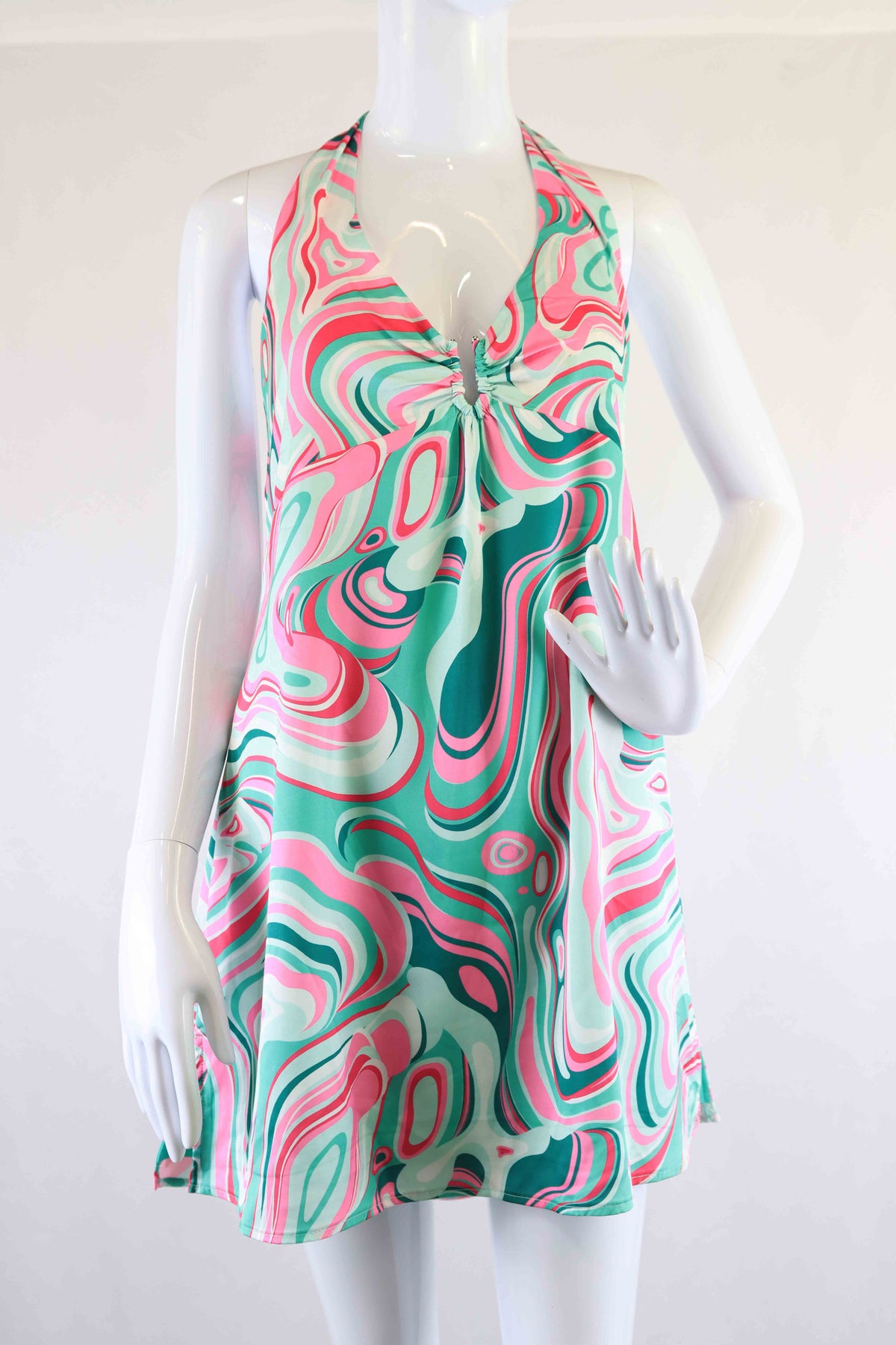 Princess Polly Pink Green Mutli Print Halter Mini Dress 14
