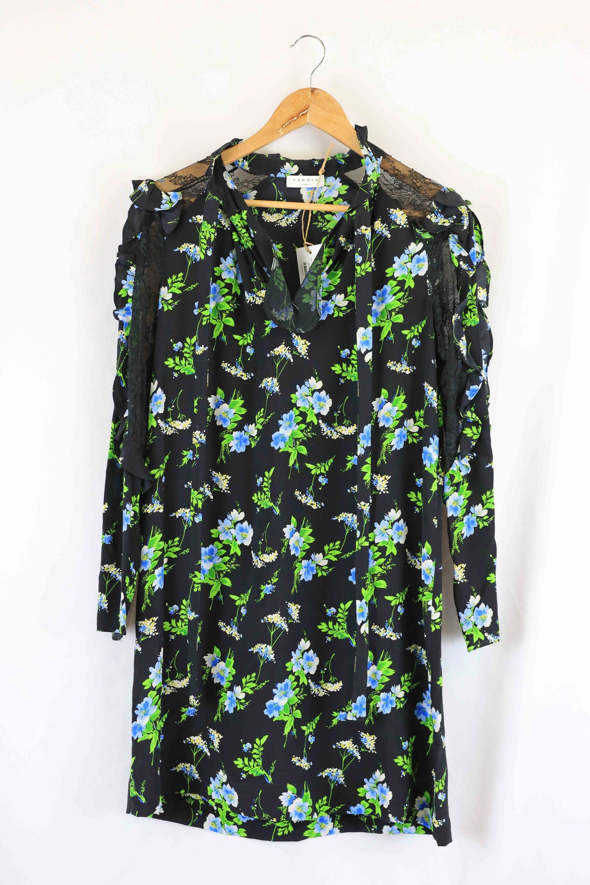 Sandro Black And Green Floral Dress M