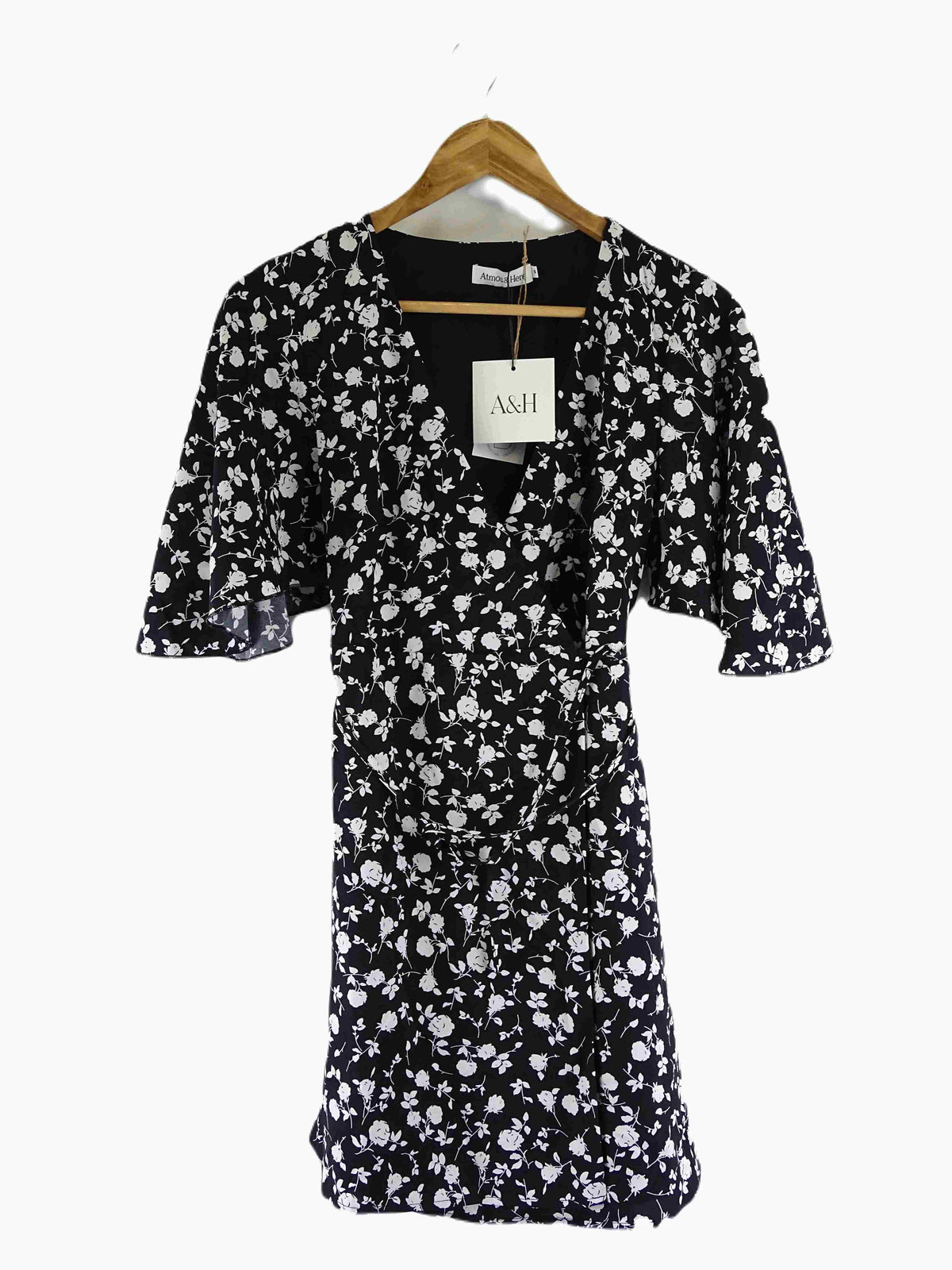 Atmos &amp; Here Black and White Floral Wrap Mini Dress 6