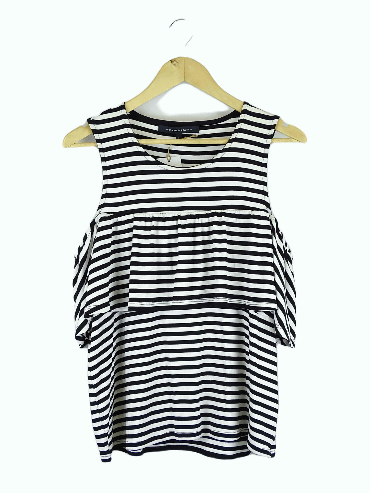 French Connection Black and White Stripe Cold Shoulder Top L