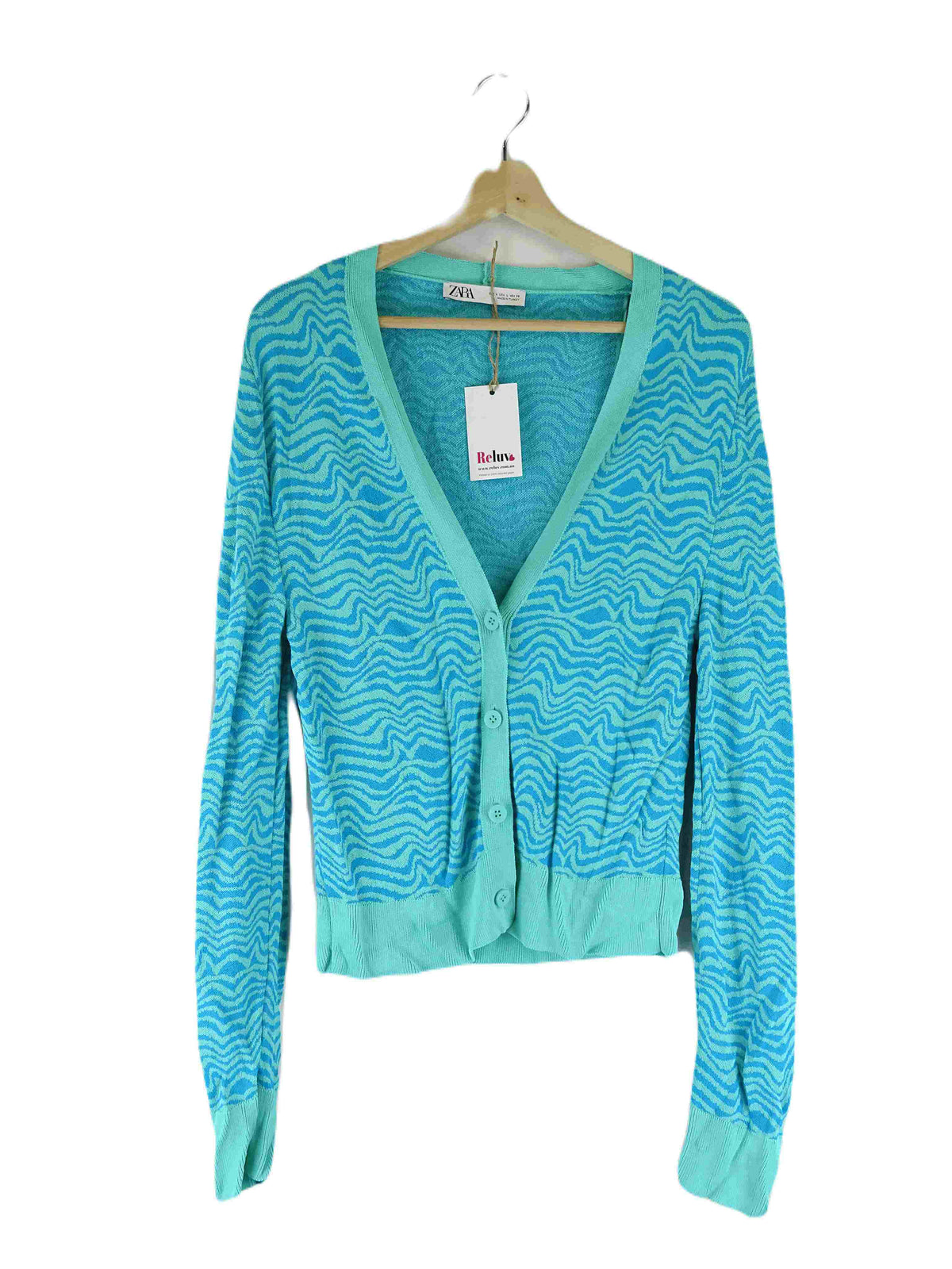 Zara Blue and Green Patterned Knit Cardigan L