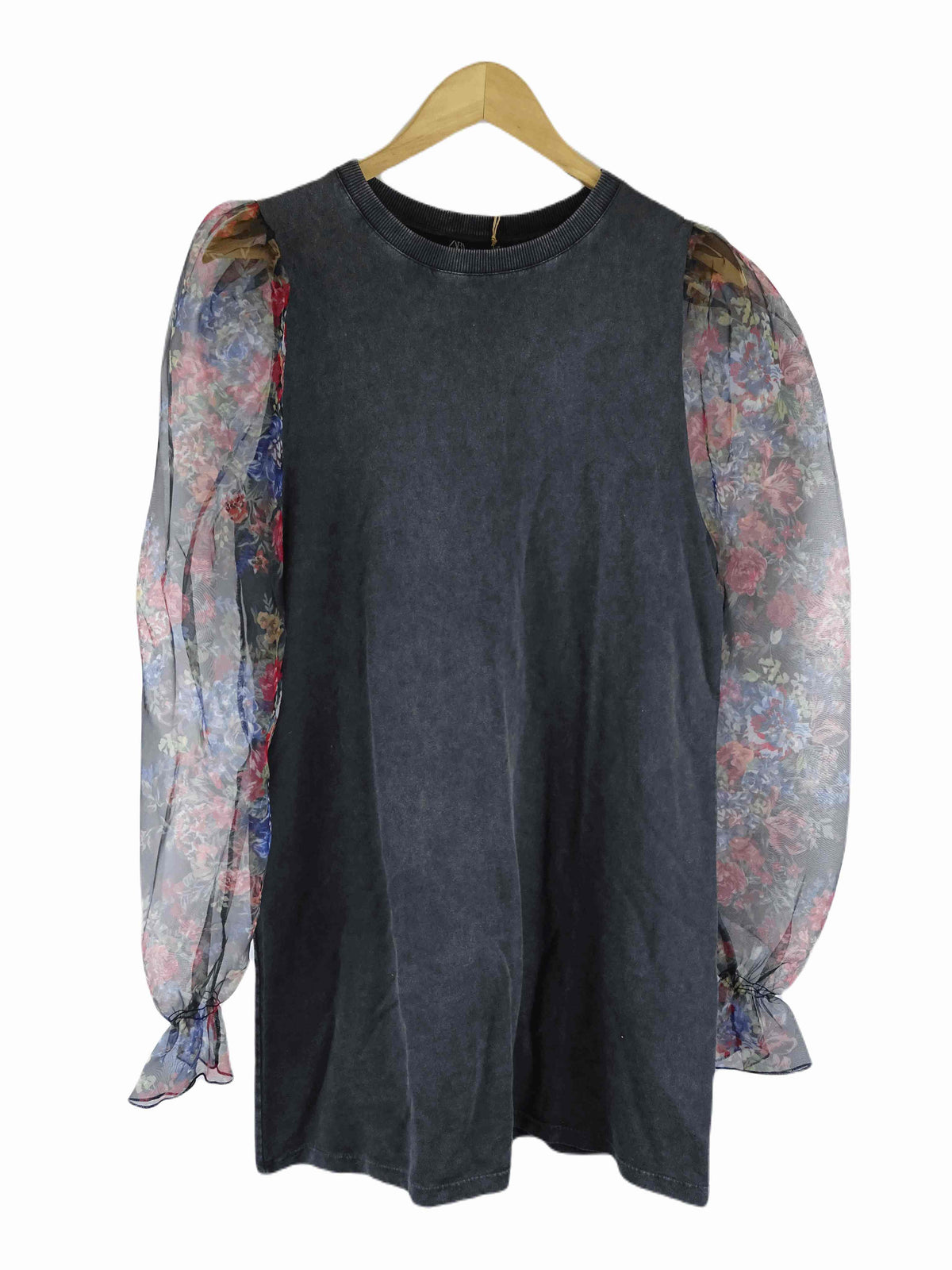 Zara Grey and Floral Print Longsleeve Midi Dress M