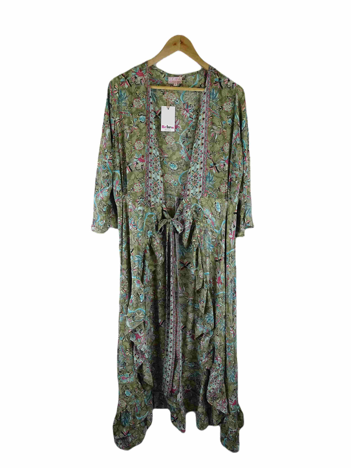 Cienna Designs Green and Multi Print Maxi Wrap Dress M