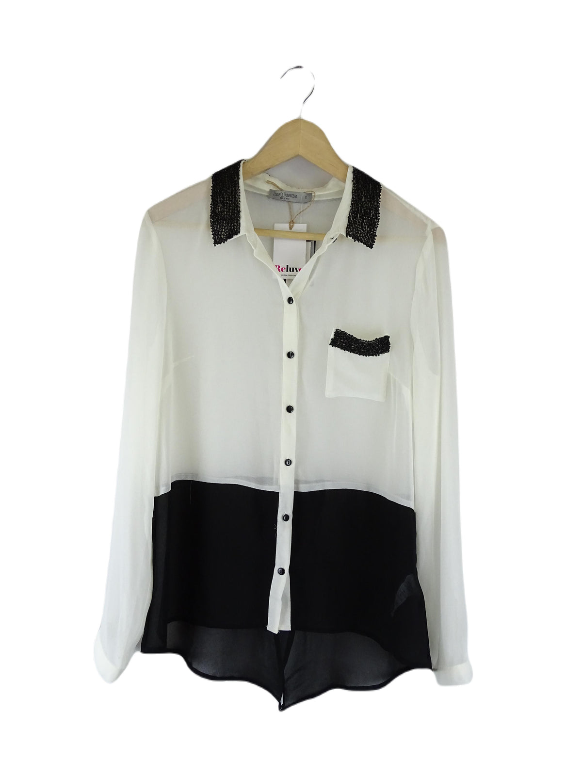 Just Jeans Black and White Button Down Shirt with Beaded Collar 10