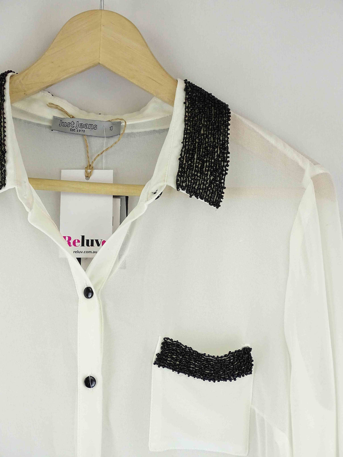 Just Jeans Black and White Button Down Shirt with Beaded Collar 10