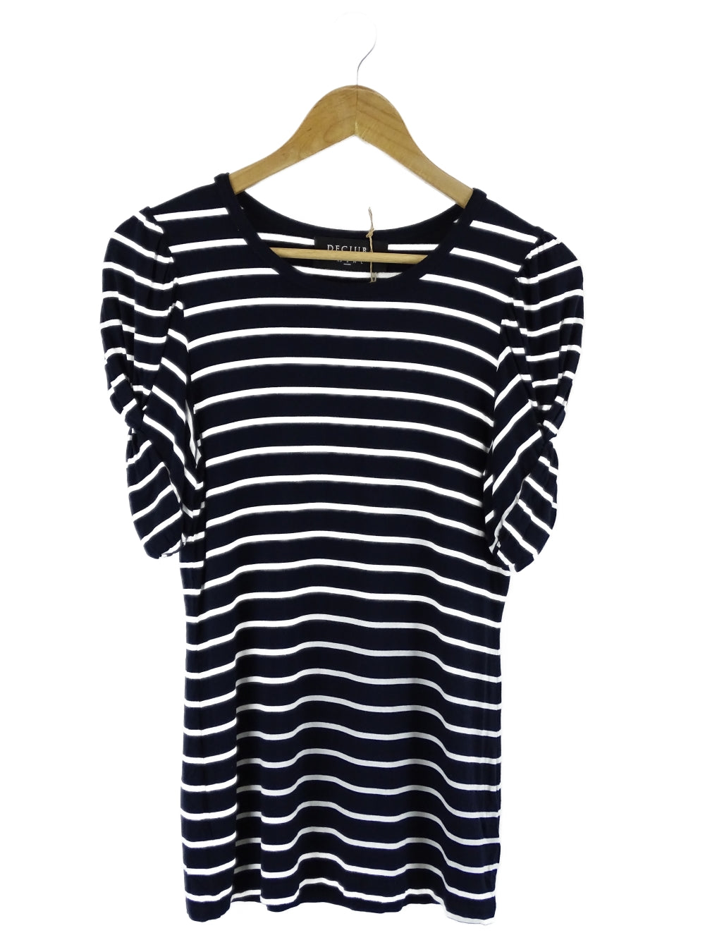 Decjuba Navy And White Striped Ruched Sleeve Top S