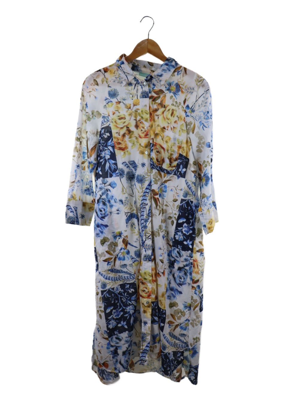 Blue Illusion White Floral Printed Shirt Dress L