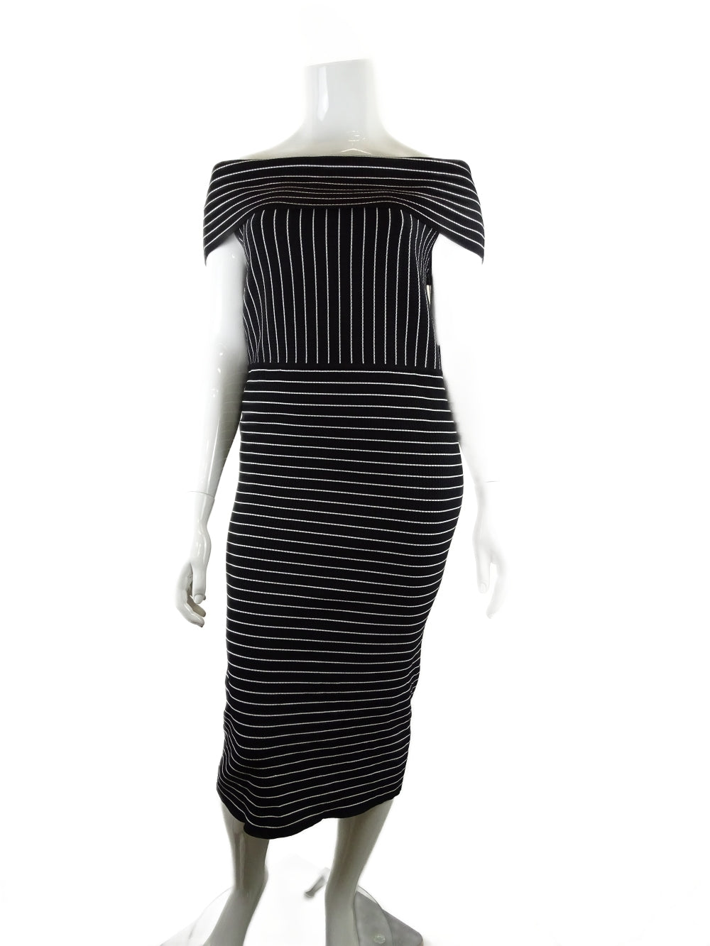 Country Road Black and White Stripe Off the Shoulder Midi Dress L