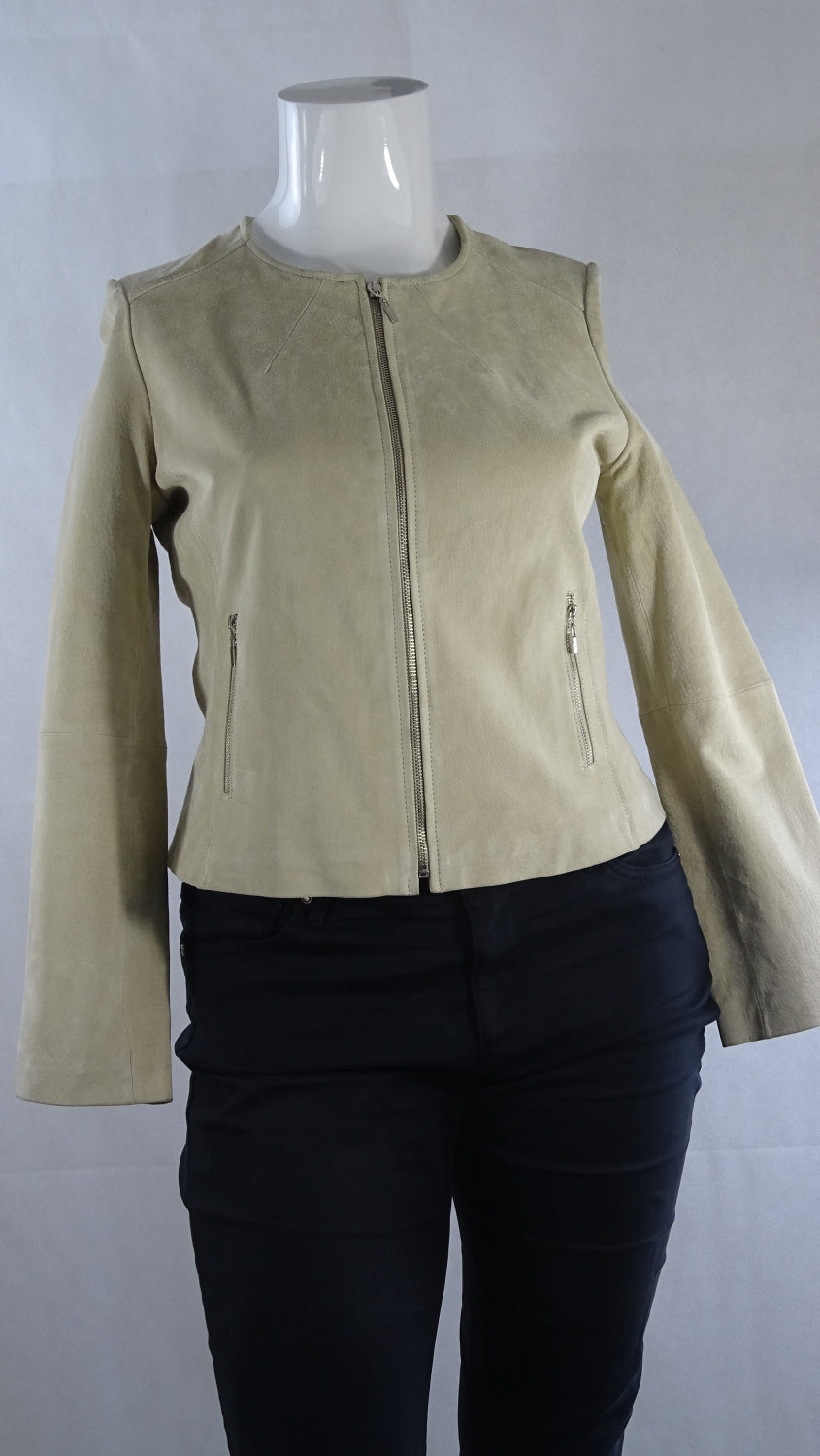Tres You Collarless Cream Suede Leather Jacket 12