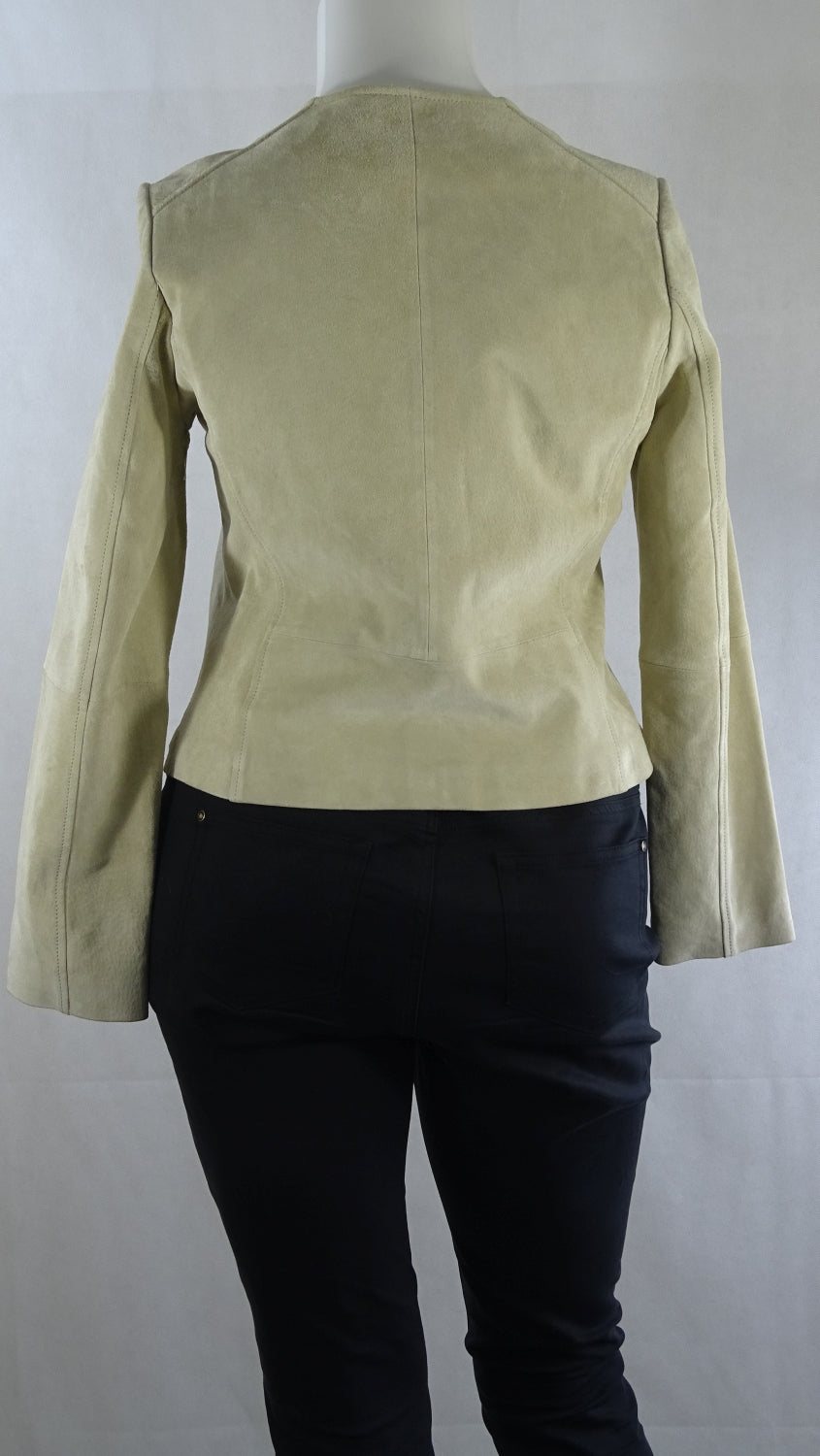 Tres You Collarless Cream Suede Leather Jacket 12