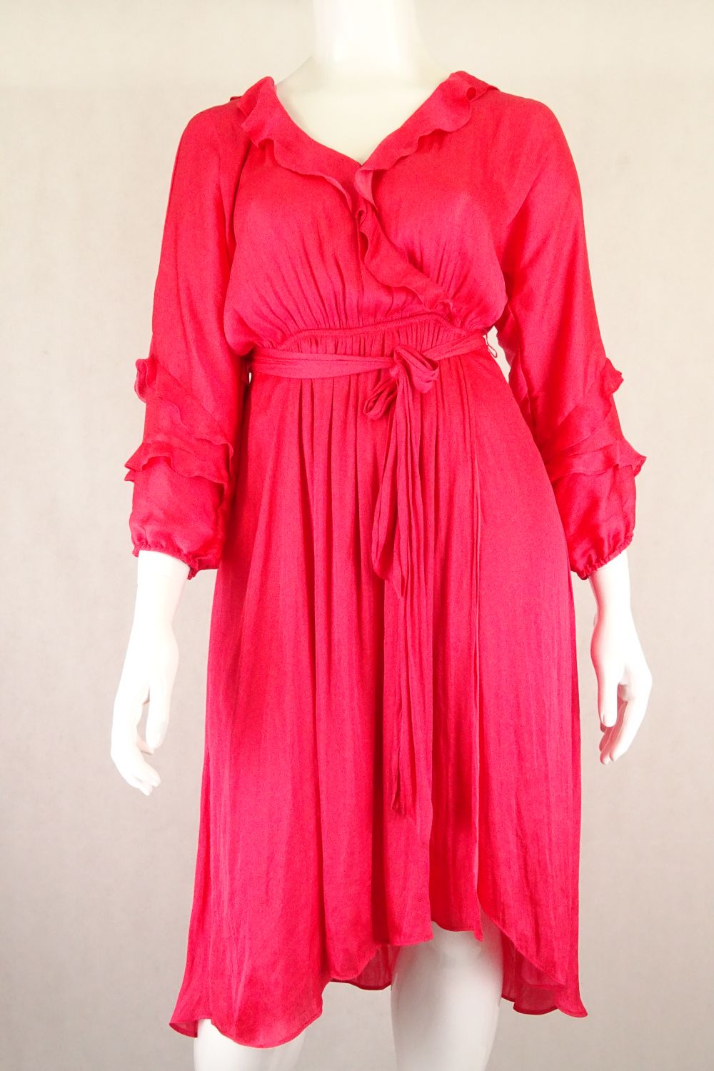leona edmiston red dress Festive Red, designer midi dress with flutter sleeve