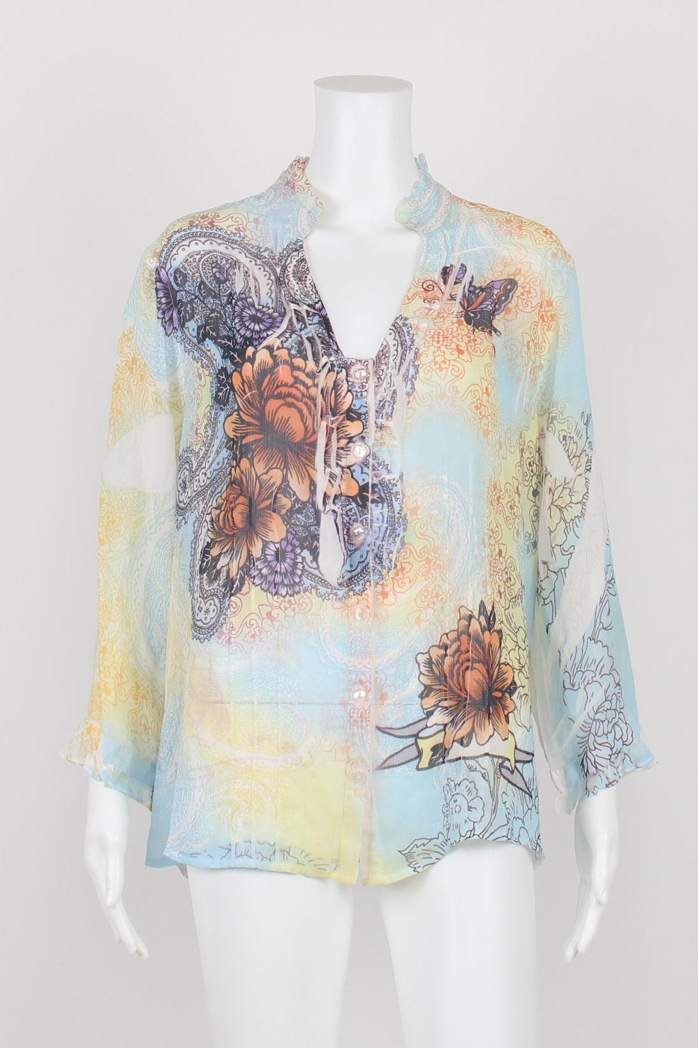 Seven Sisters Multi Floral Sheer Button Front Top 6/8