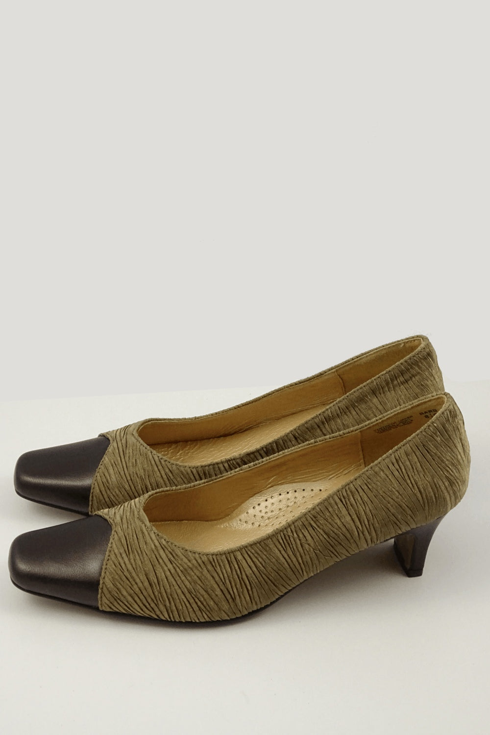 Gold fabric heels with brown toe. Synthetic Upper