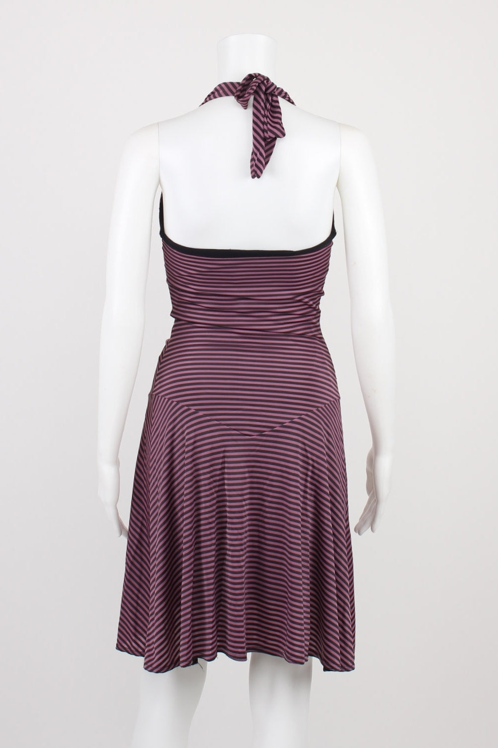 Review Purple And Grey Striped Halter Neck Dress 8
