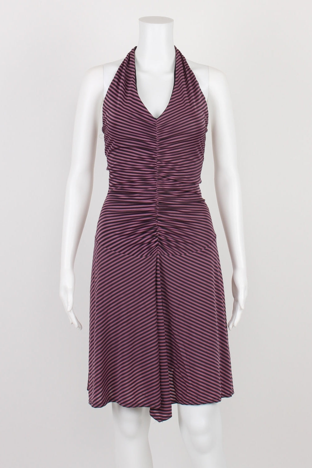 Review Purple And Grey Striped Halter Neck Dress 8