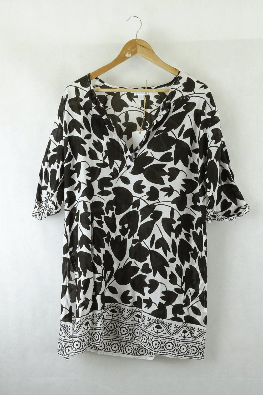 Sussan Leaf Print Cotton V Neck Tunic L