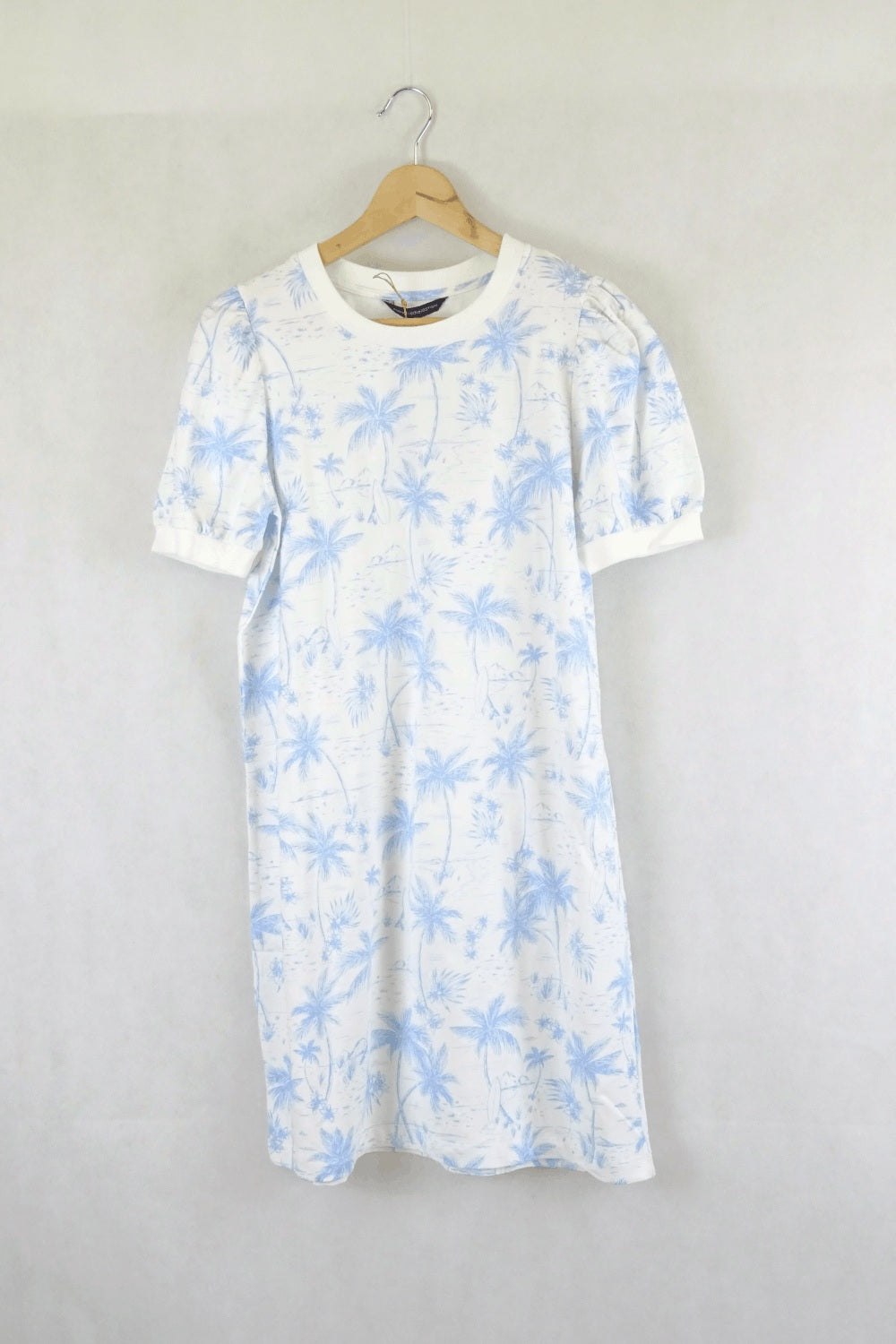 French Connection Blue And White Tropical Print Short Sleeve Tshirt Dress S