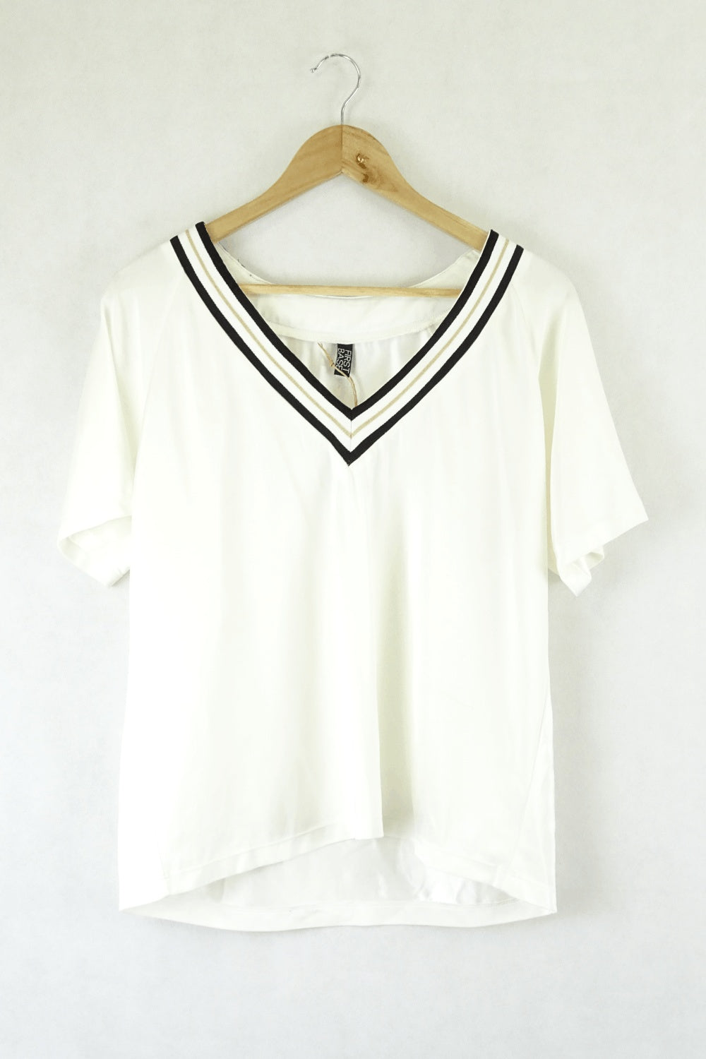 First Base White V Neck Top With Gold And Black Detailing S