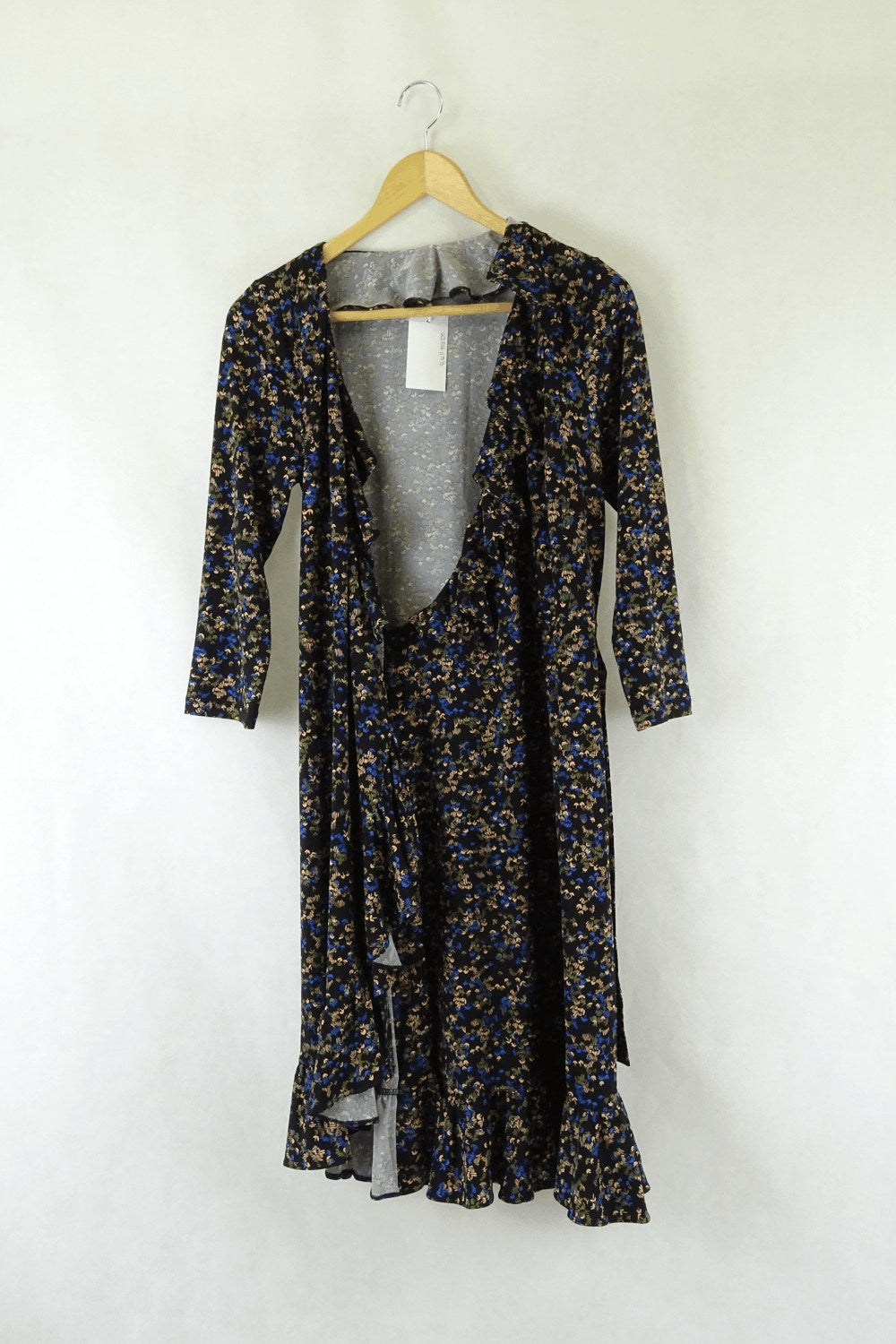 Basque Black Floral 3/4 Sleeve Wrap Dress 8