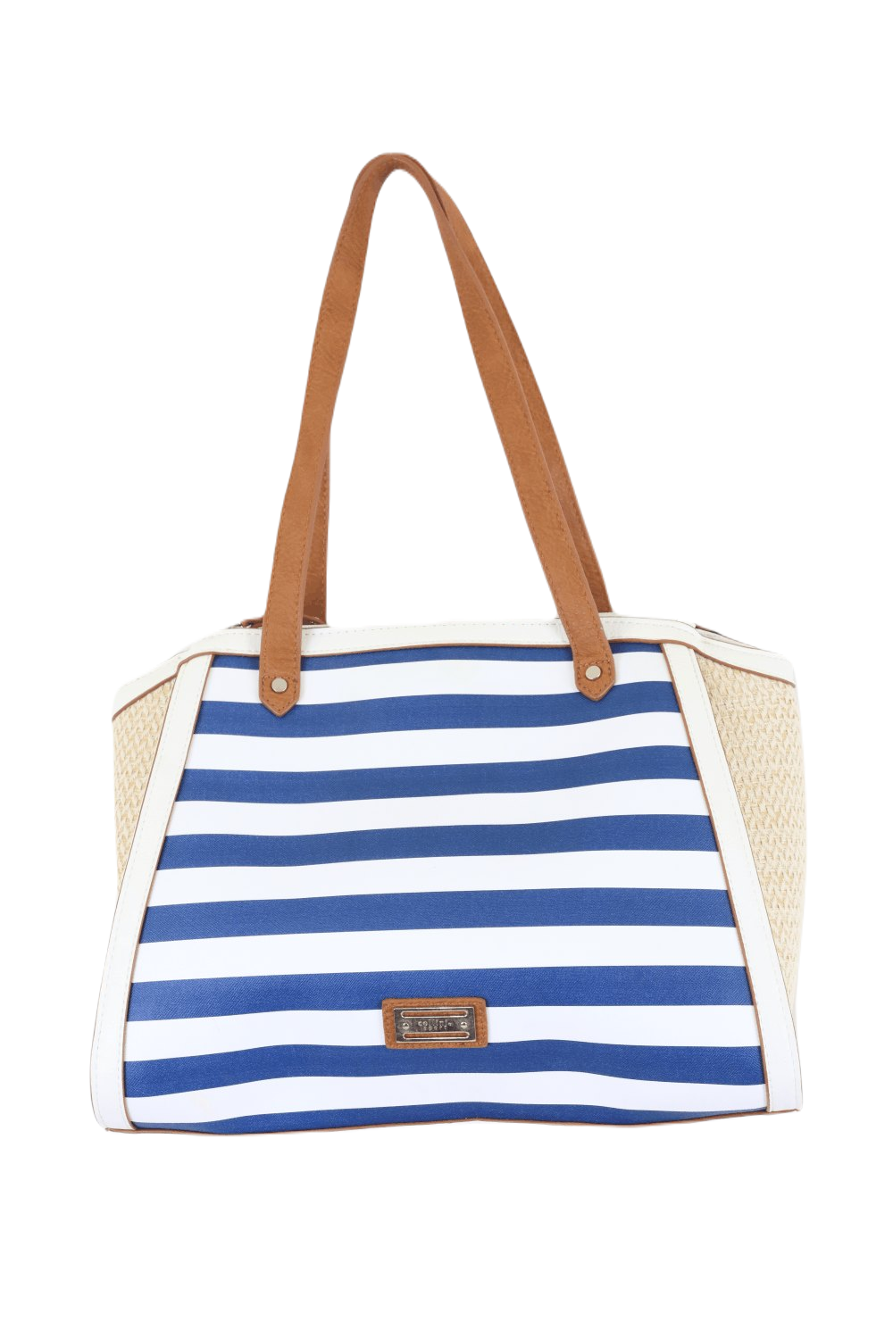 Cellini Blue And White Striped Bag With Cream Woven Pattern Shoulder Bag