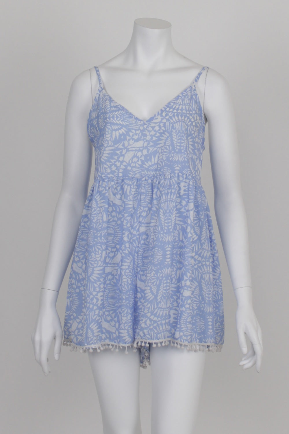 Mika & Gala Blue and White Patterned Tassel Hem Playsuit 8