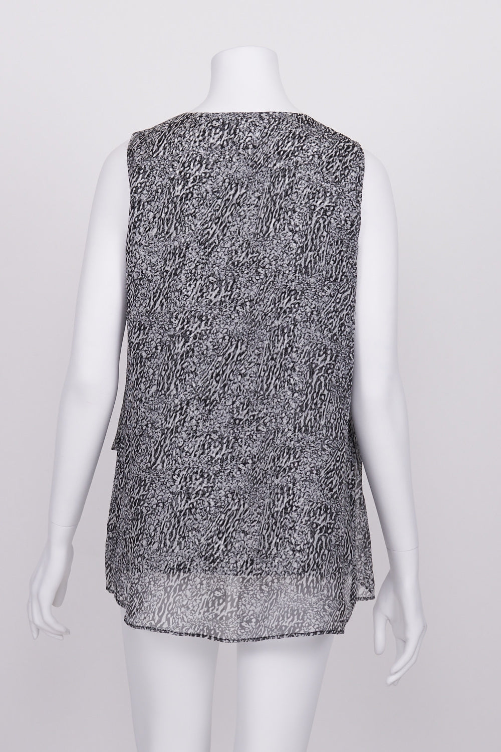Blue Illusion Grey Patterned Sleeveless Silk Top S
