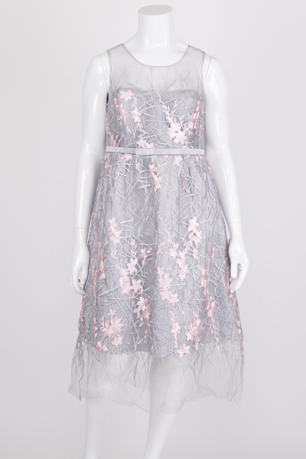 Collection E By Elena Wang Grey And Pink Embroidered Midi Dress L