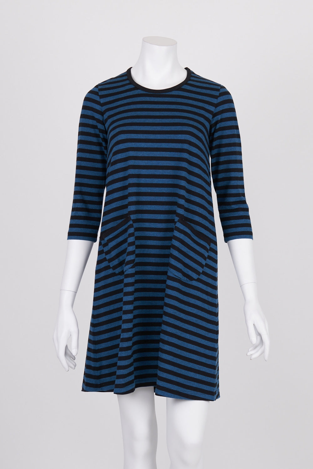 Marimekko Blue And Black Striped Long Sleeve Dress S