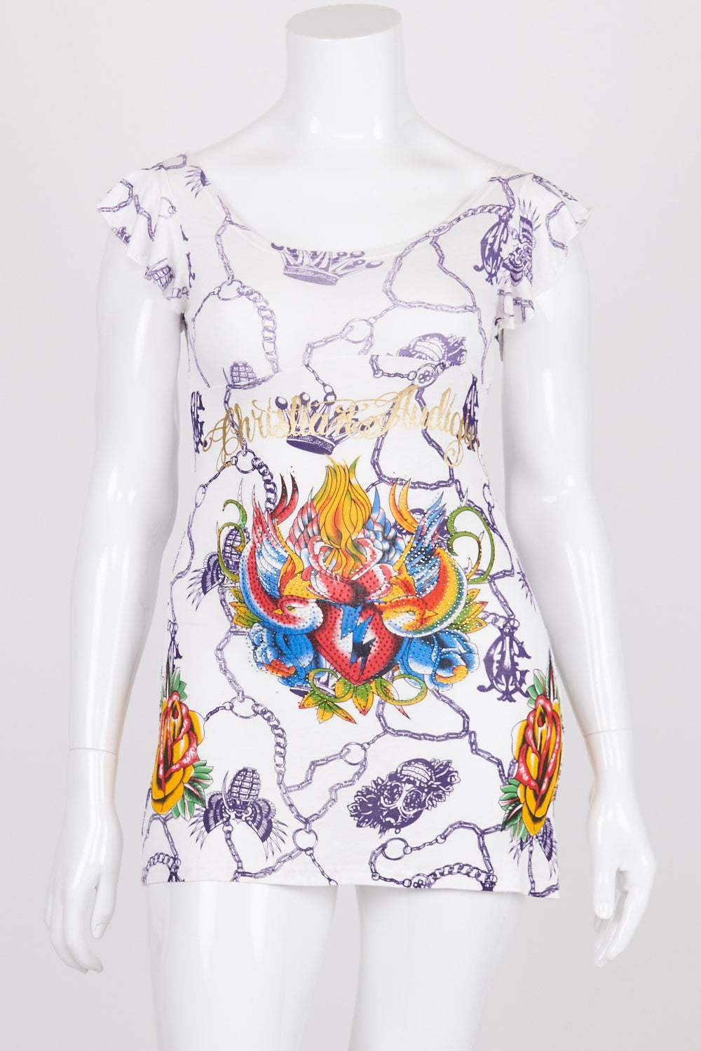 Christian Audigier White Patterned Short Sleeve Top L