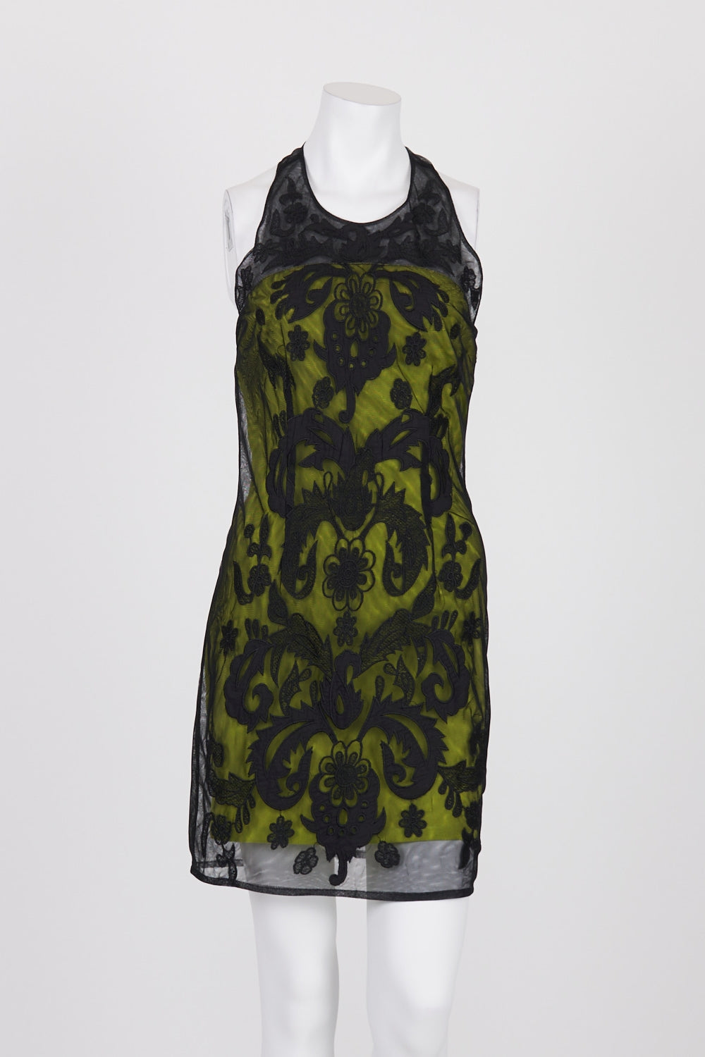Lumier Black And Lime Embroidered Mesh Dress S