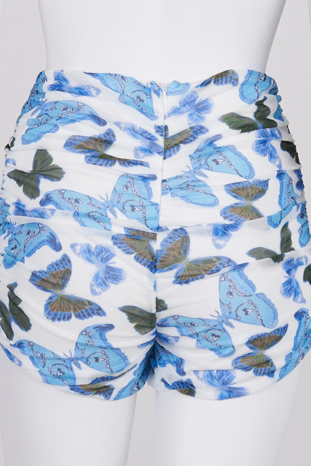 Tiger Mist Blue and White Butterfly Print Ruched Shorts XS