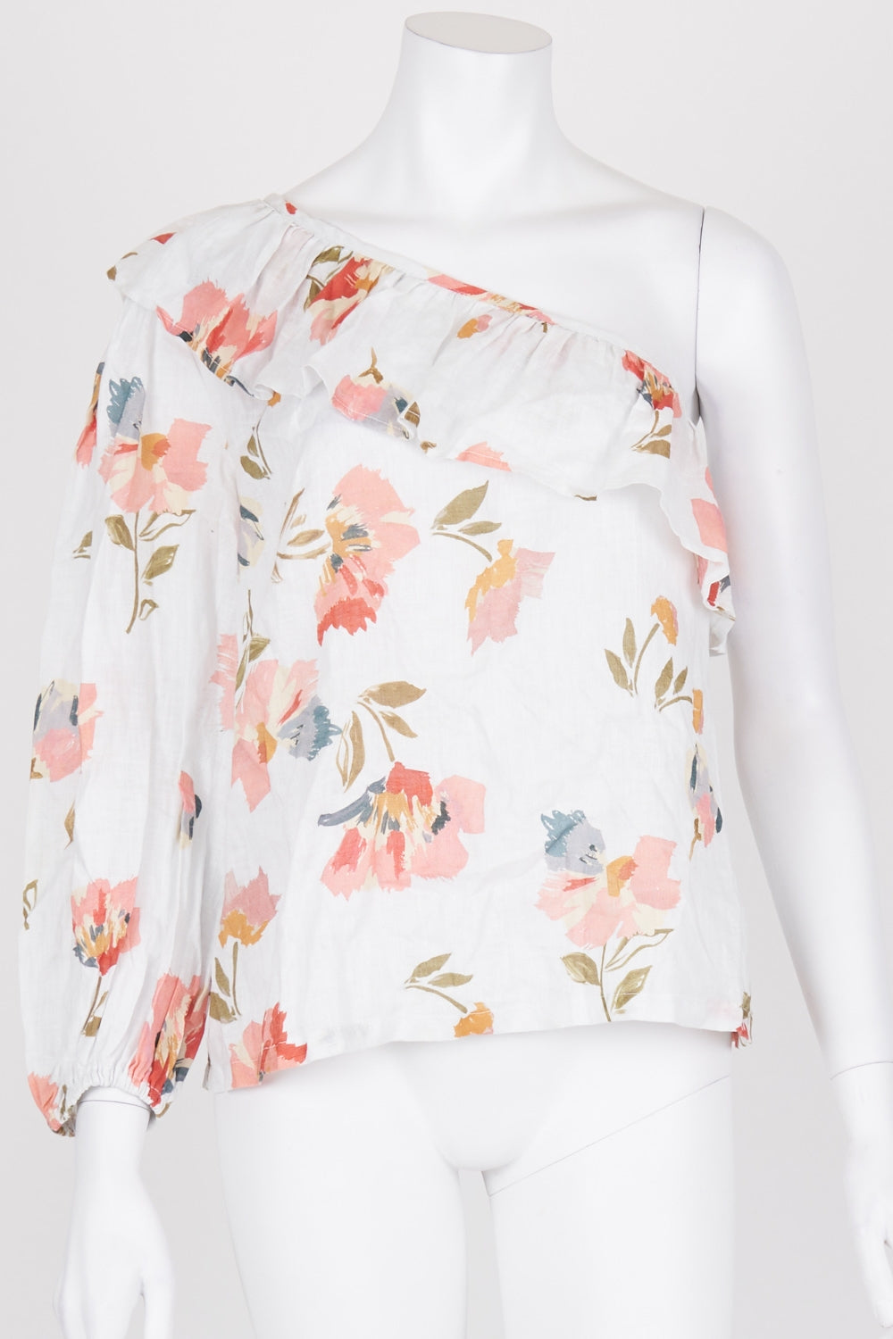 Elms And King White Floral One Shoulder Assymetrical Top S