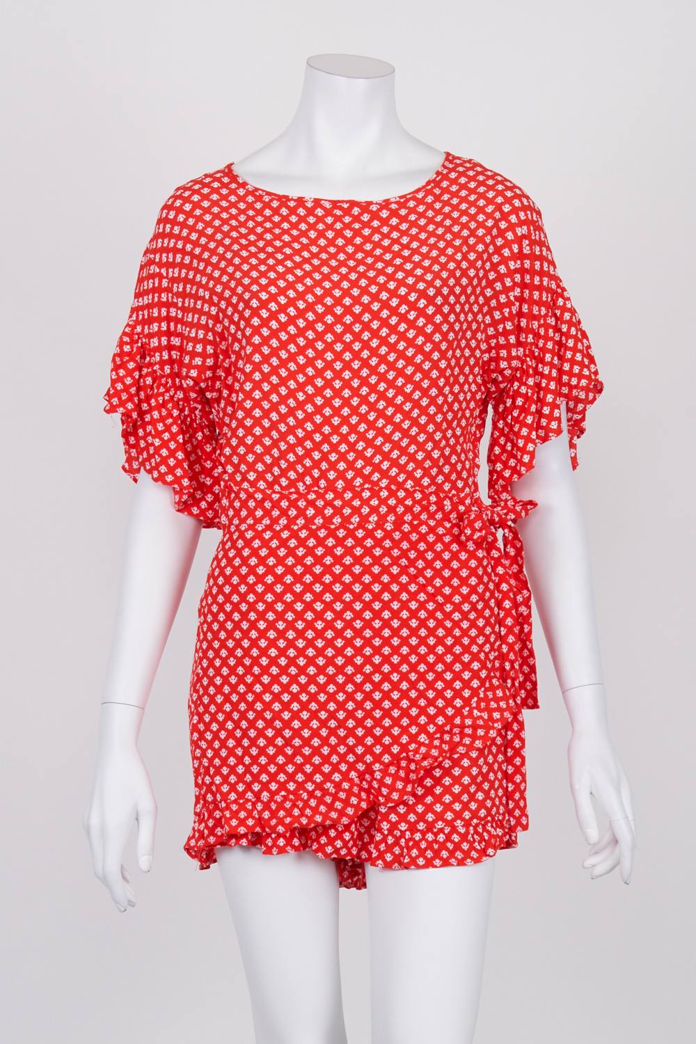 Seed Red Patterned Faux Wrap Playsuit